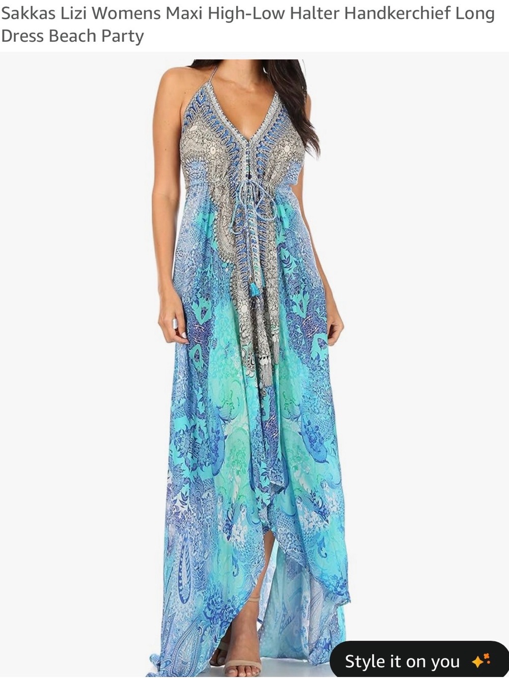 Sakkas Blue Aqua High-Low Halter Handkerchief Maxi Dress